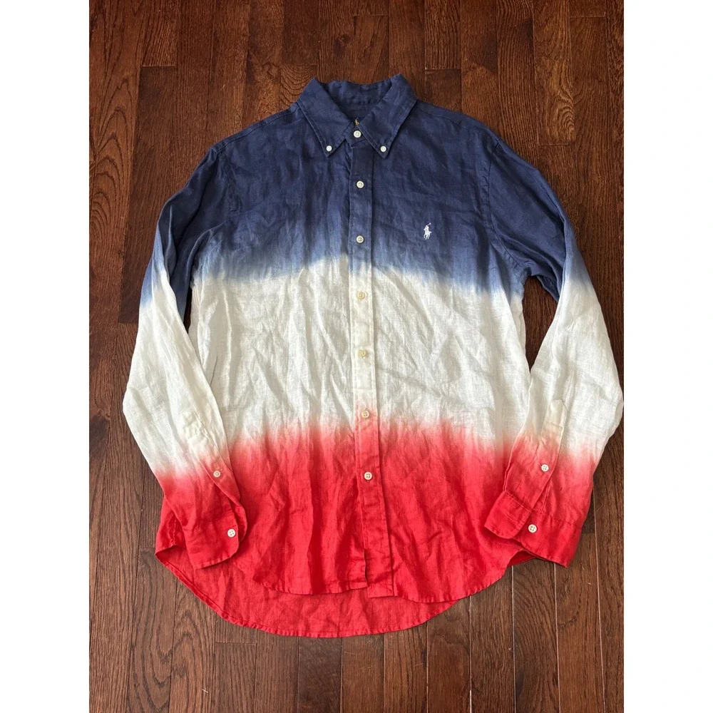 Polo Ralph Lauren Mens Medium Linen Ombre Dip Dye Shirt Red White Blue Pony Logo